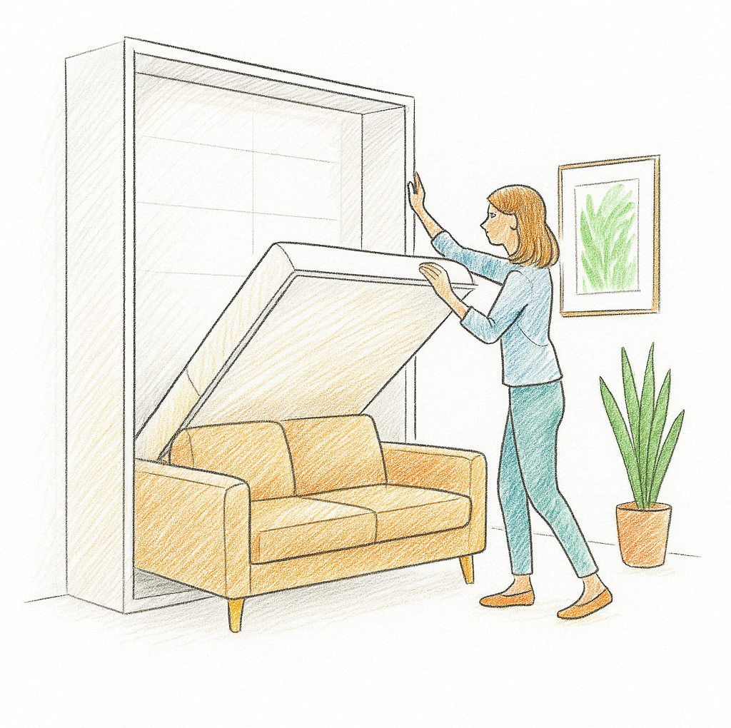 Donna che ripiega il divano letto nel muro.