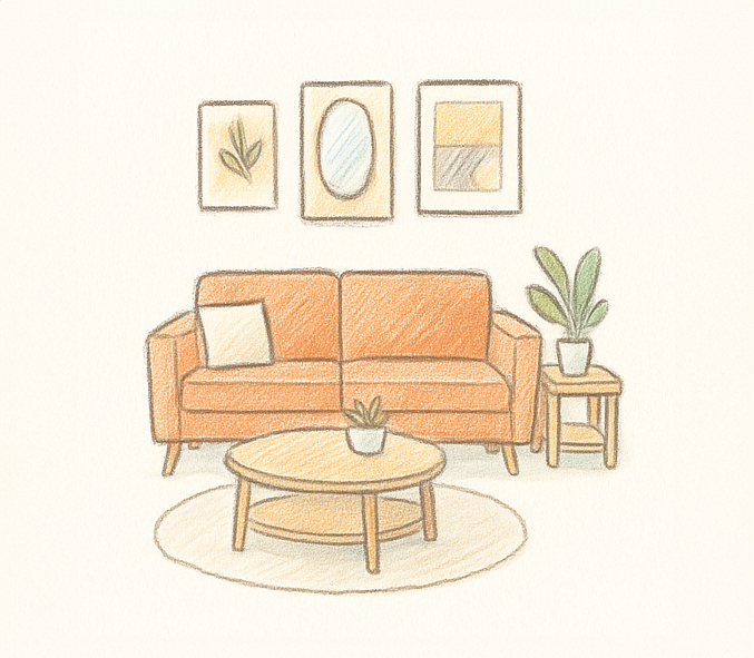 salotto con divano due posti, pianta su tavolino, quadri e specchio