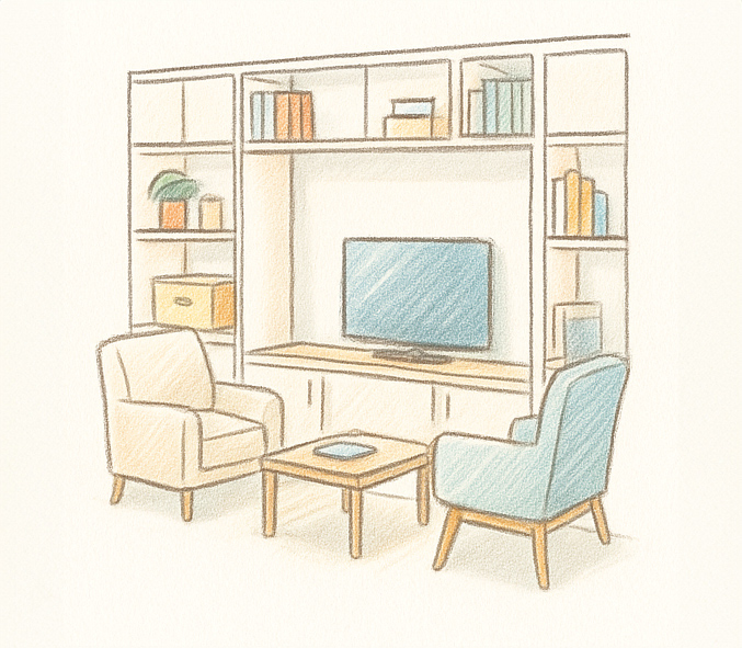 Salotto con due poltrone eleganti, televisione incassata in mobile su misura con mensole.