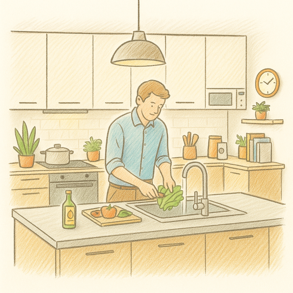 Uomo che lava della verdura in cucina