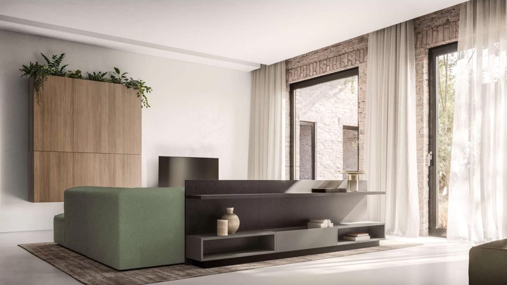 Soggiorno con divano e parete attrezzata con libreria